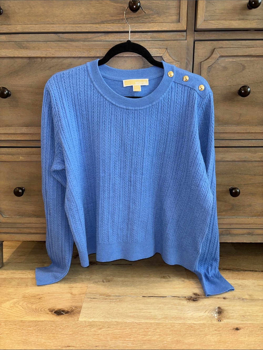 Michael Kors Crew Blue Cableknit Sweater Gold Button Accents XL $110